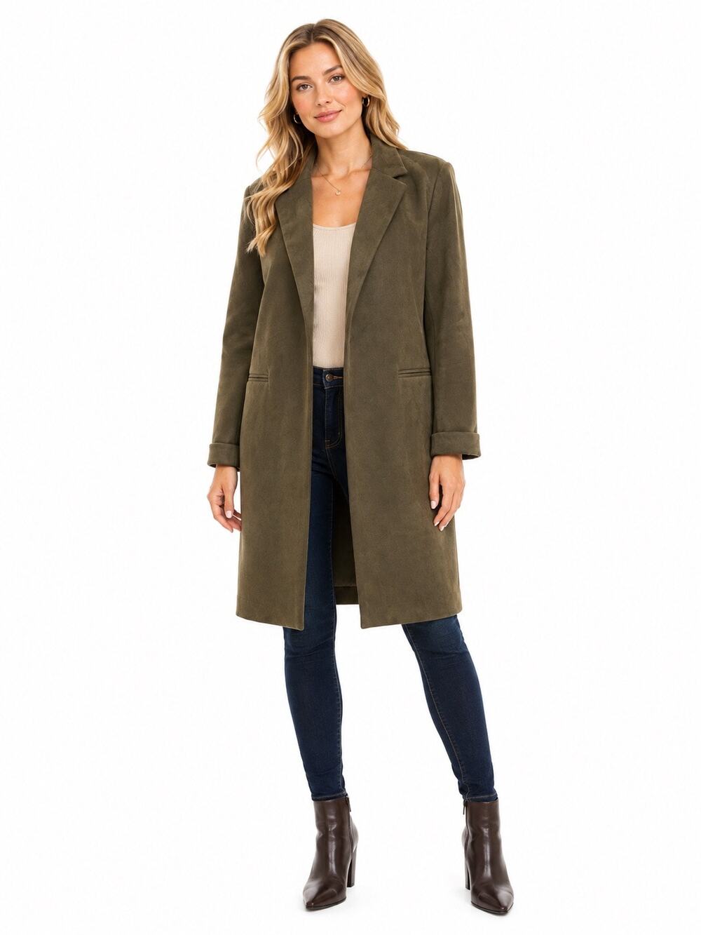 Have Khaki Green Open Front Collared Longline Jacket